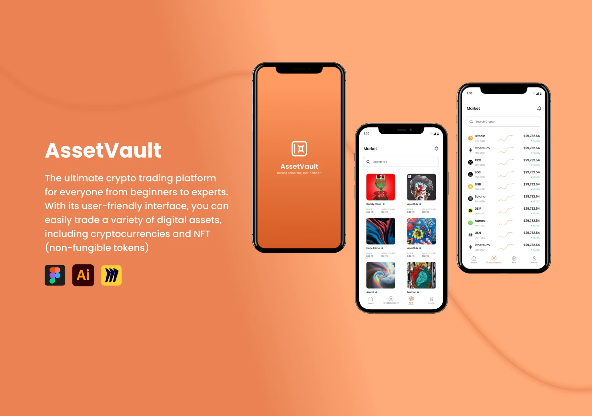 AssetVault app shown on three phones: splash screen, NFT market and crypto market