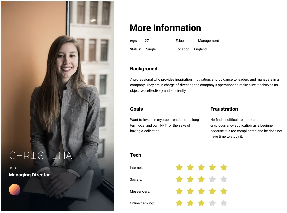 Persona card for Christina, managing director: background, goals, frustrations and tech comfort ratings