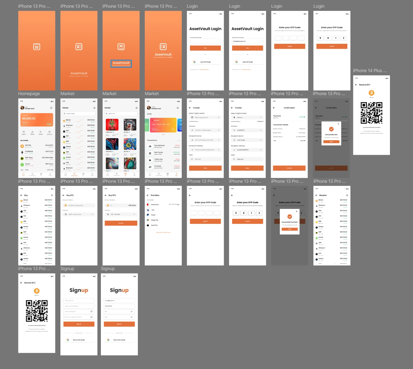 High-fidelity AssetVault screens: splash, login, one-time code, home portfolio, markets, transfer, buy and receive