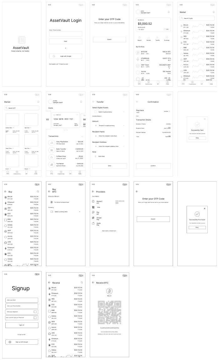 Grid of low-fidelity wireframes for every AssetVault screen
