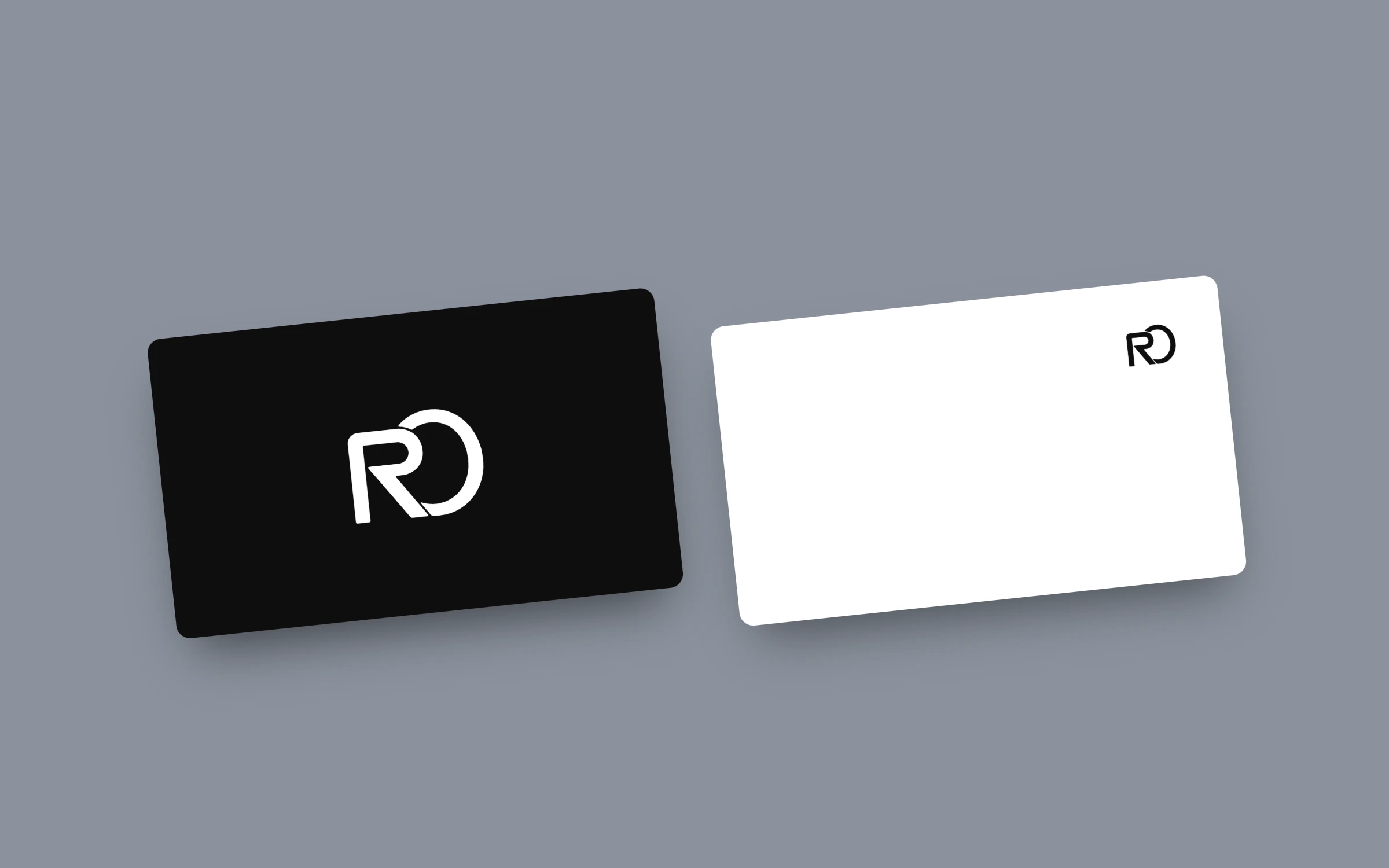 Flat business card layout: black front with the mark, white back with name, role and contact details