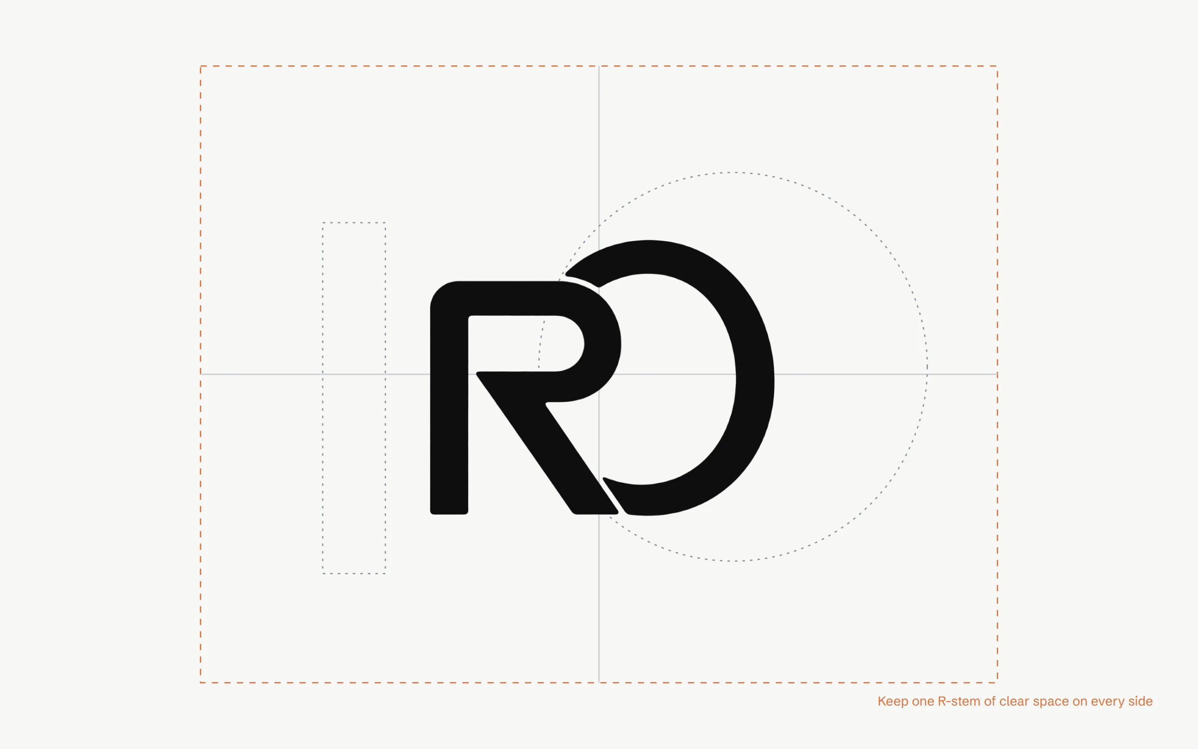 RO mark on a construction grid showing the stem, the circle of the O and the clear space around it