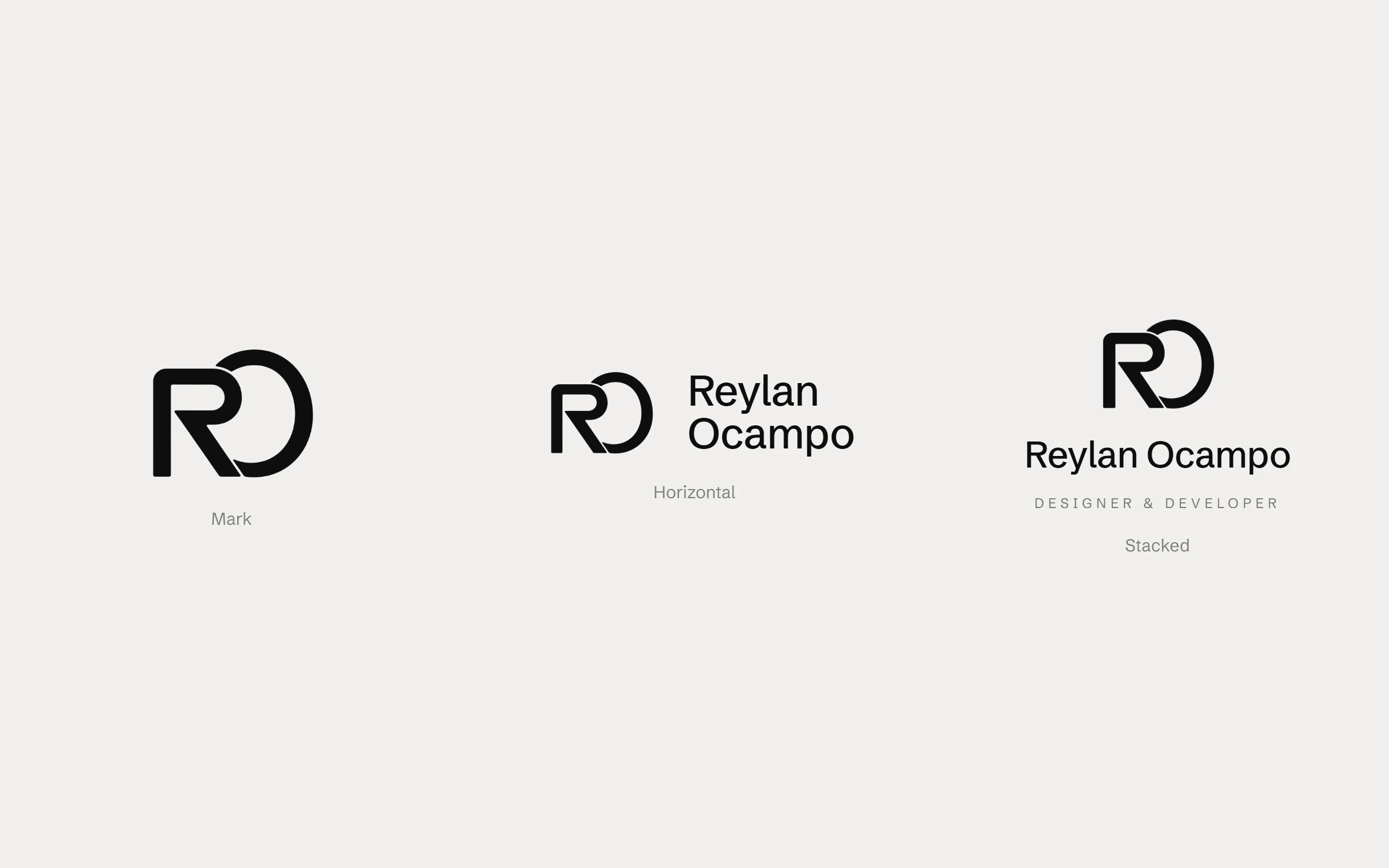 Three lockups: the mark alone, the mark beside Reylan Ocampo, and the mark stacked above Reylan Ocampo, Designer and Developer