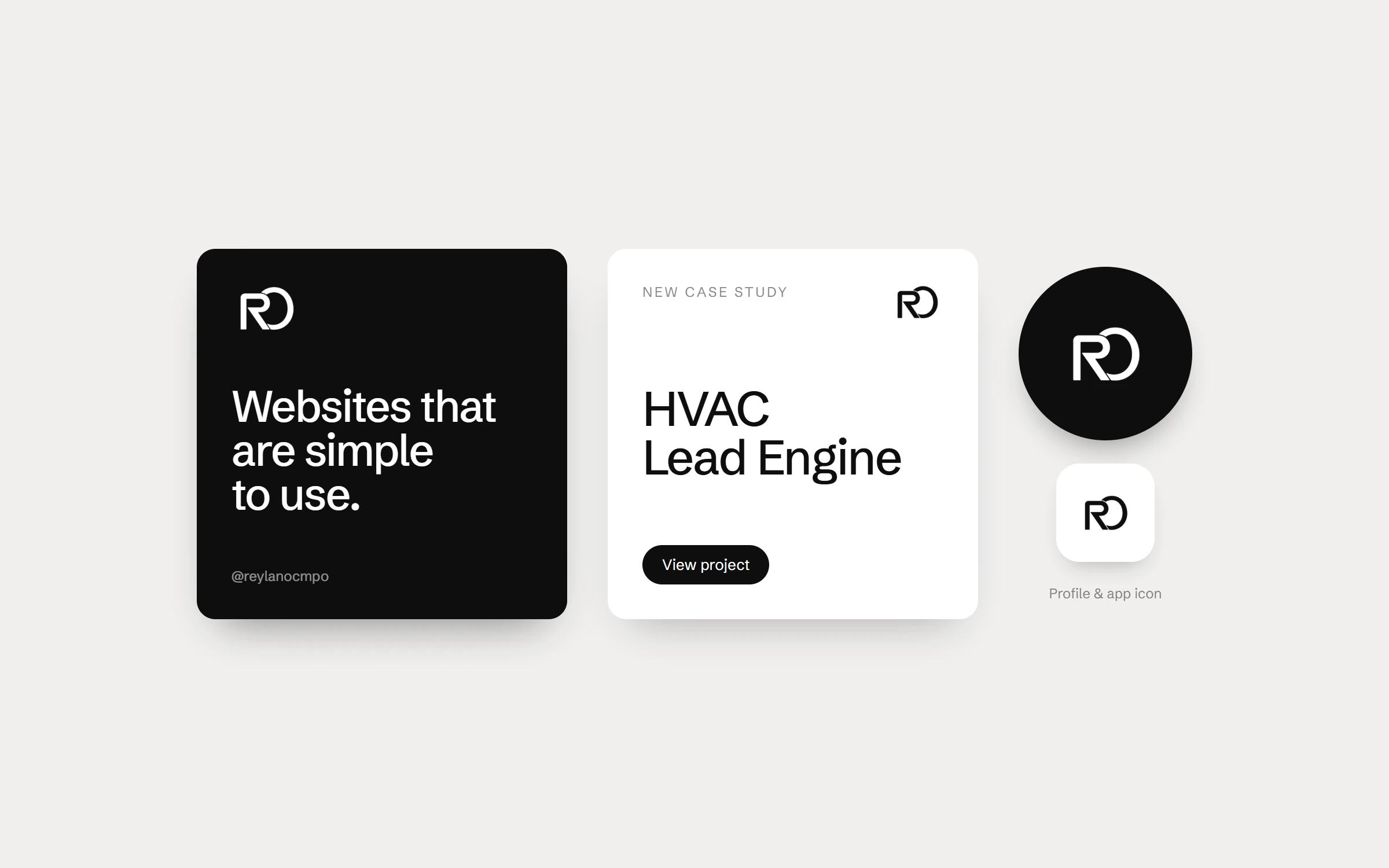 Social post templates, a round profile picture and an app icon using the RO mark