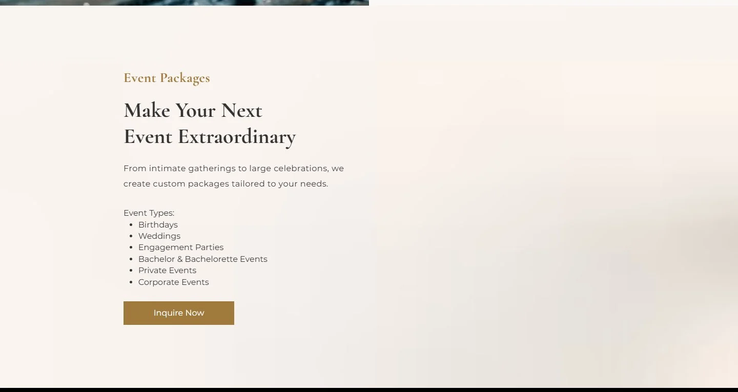 Redesigned event packages section with serif headline and Inquire Now button