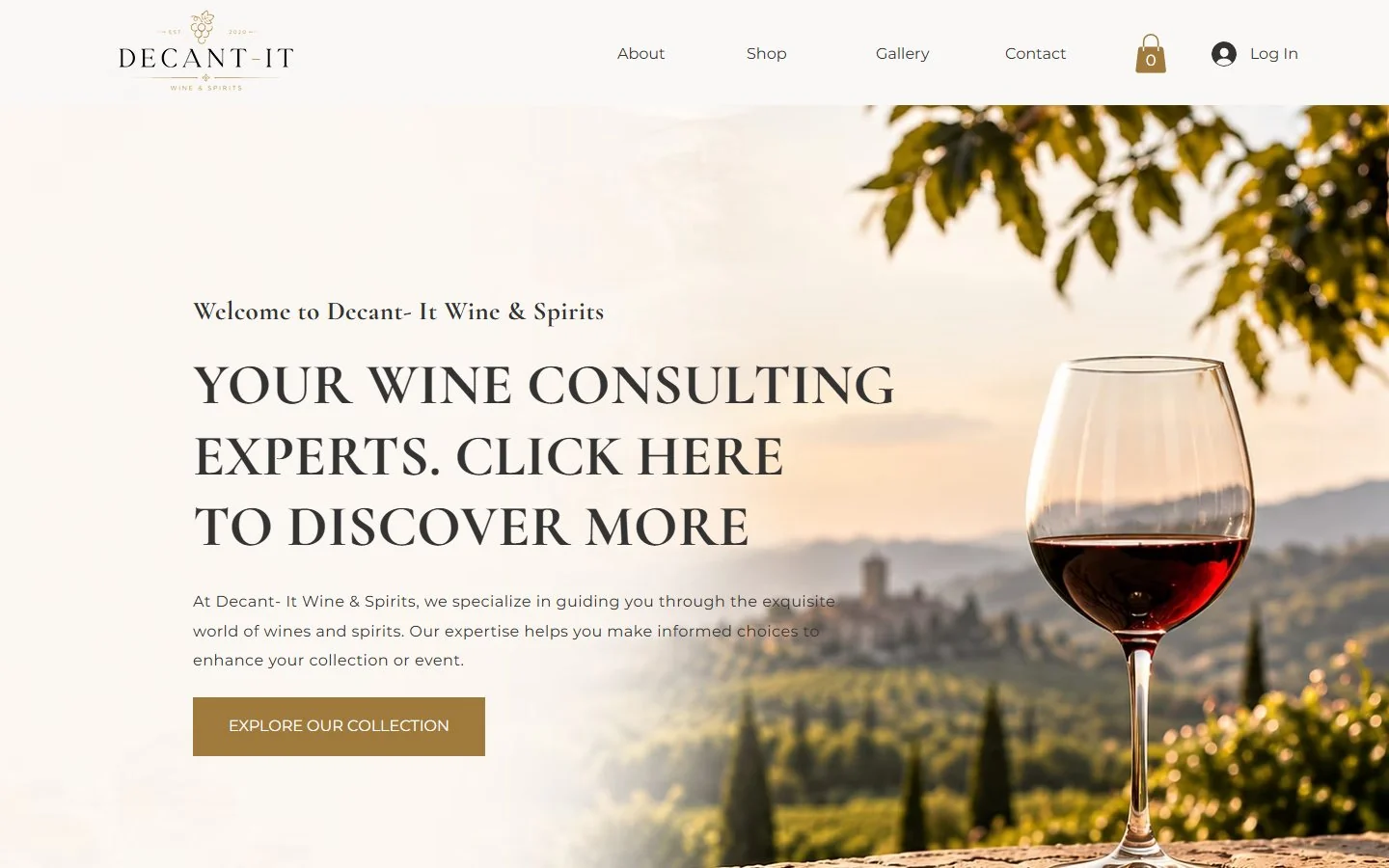 Redesigned Decant-It homepage hero: ivory background, vineyard photo with a glass of red wine and a gold Explore Our Collection button