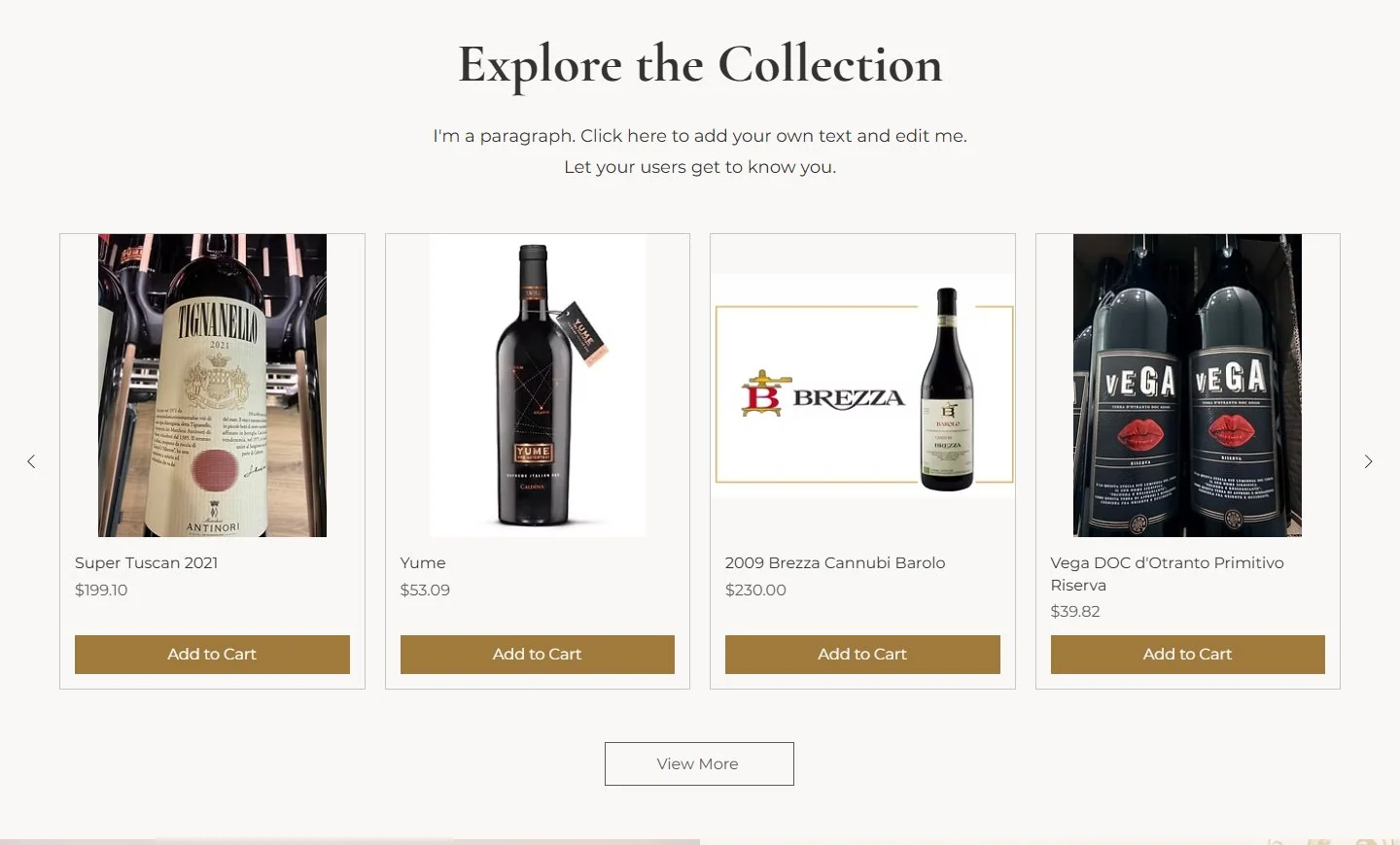 Redesigned product carousel with bottle photos, names, prices and Add to Cart buttons