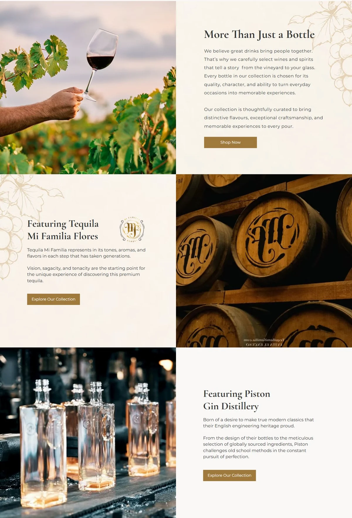 Redesigned story sections: More Than Just a Bottle, Featuring Tequila Mi Familia Flores and Featuring Piston Gin Distillery
