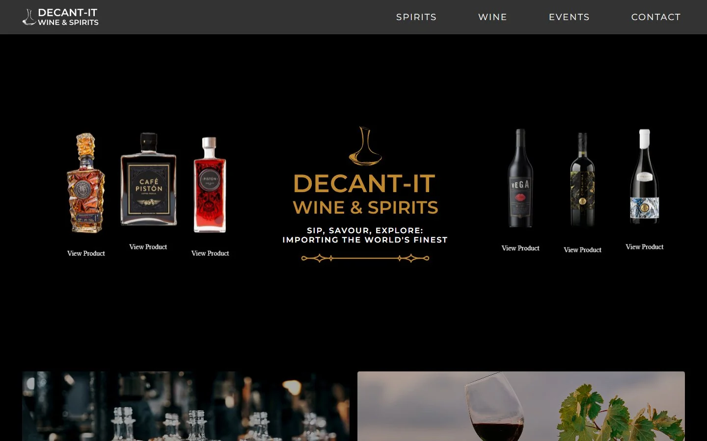 Original Decant-It homepage hero: black background with six bottles and a small centred logo