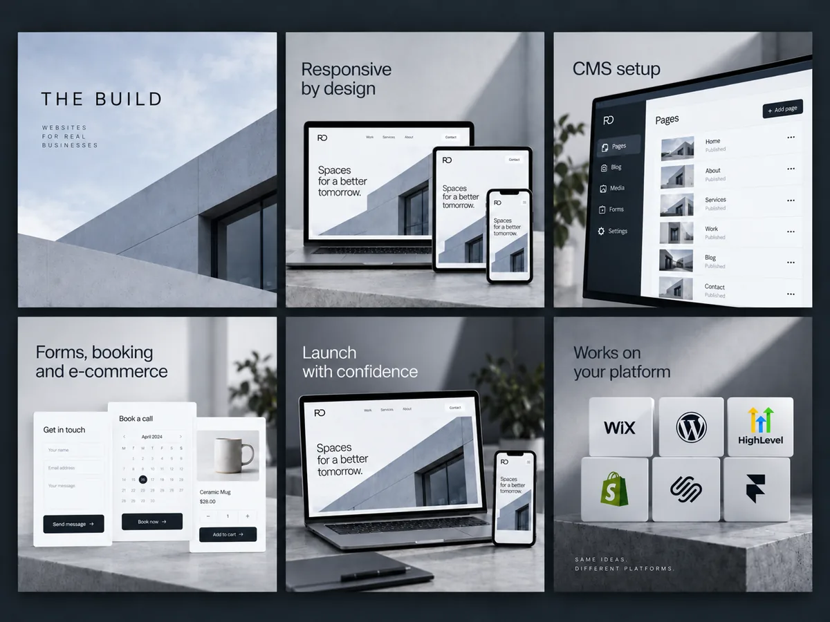 Build deliverables: a responsive site across laptop, tablet and phone, a CMS page manager, contact and booking forms with a cart, and the Wix, WordPress, HighLevel, Shopify, Squarespace and Framer platforms